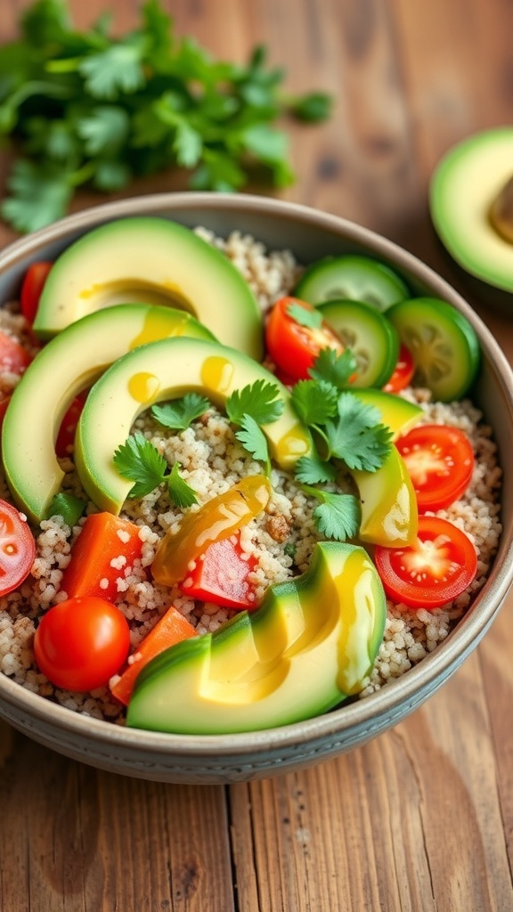 A colorful quinoa and avocado power bowl with vegetables and lime dressing on a wooden table.